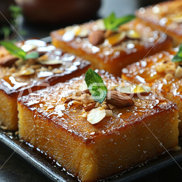 فنون التقديم في مطاعم ومطابخ المملكة العربية السعودية, وصفات أطباق التحلية الشهية, الأكلات الغنية بالسكريات و السعرات الحرارية, الحلويات الشرقية المشهورة, الحلى العربي التقليدي اللذيذ, صورة مقربة لكعكة العسل اللذيذة باللوز