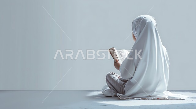 الإكثار من الذكر والإجتهاد في العباده، الشعور بالخشوع والطمأنينه,بورتريه من الخلف لطفلة خليجية سعودية ترتدي ثوب الصلاة تقوم بتلاوة وقراءة القرآن الكريم، التوبة والرجوع الى الله تعالى