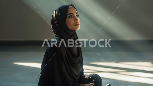  الدخول بحالة إكتئاب بسبب شيء ما، ايماءات الحزن والشعور بالوحدة والقلق، صورة مقربة لإمرأة عربية خليجية سعودية ترتدي الحجاب والعباءة السواء تجلس على الأرض منطوية على نفسها بتعابير الإحباط