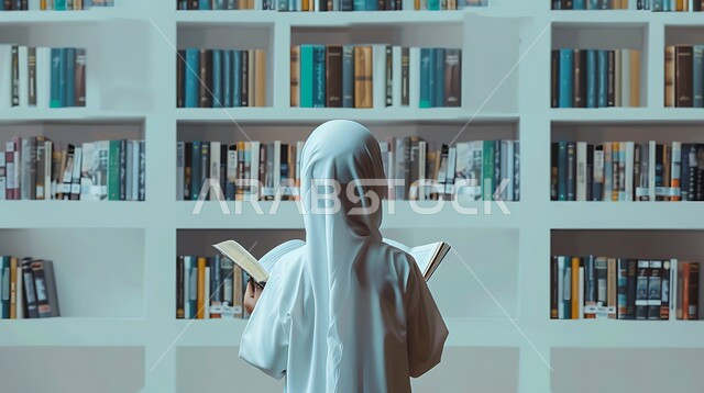 الإكثار من الذكر والإجتهاد في العباده، الشعور بالخشوع والطمأنينه,صورة من الخلف لطفلة خليجية سعودية ترتدي ثوب الصلاة تقف أمام مجموعة من الكتب تقوم بتلاوة وقراءة القرآن الكريم، التوبة والرجوع الى الله تعالى