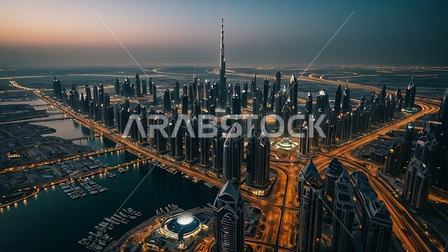 المباني والمنشآت التجارية الشاهقة ، مفهوم تطوير وتحسين البنية التحتية، منظر تخيلي للتقدم والنمو العمراني في وقت غروب الشمس، التصاميم والفنون المعمارية الحديثة للأبراج وناطحات السحاب في الامارات العربية المتحدة، بناء مستقبل حضاري متطور في دبي
