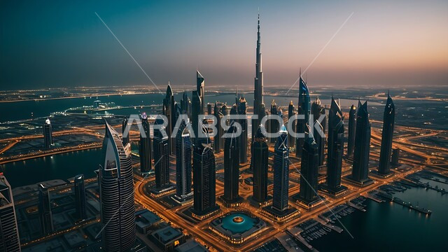 المباني والمنشآت التجارية الشاهقة ، مفهوم تطوير وتحسين البنية التحتية، منظر تخيلي للتقدم والنمو العمراني في وقت غروب الشمس، التصاميم والفنون المعمارية الحديثة للأبراج وناطحات السحاب في الامارات العربية المتحدة، بناء مستقبل حضاري متطور في دبي