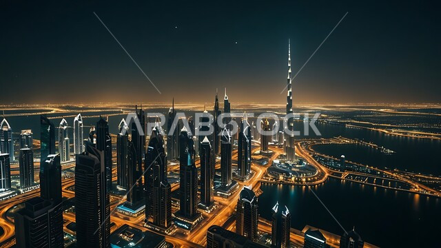 تحسين وتطوير البنية التحتية, منظر تخيلي مستقبلي للتقدم والنمو العمراني، الأبراج وناطحات السحاب في الامارات العربية المتحدة، الفنون والتصاميم المعمارية الحديثة، بناء مستقبل حضاري متطور في دبي، المنشآت والمباني التجارية الشاهقة