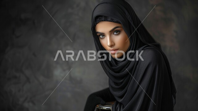 جمال النساء السعوديات، الاهتمام بالمظهر الخارجي، مفهوم الأنوثة والأناقة والشياكة والنعومة، أزياء محجبات عصرية حديثة، بورتريه مقرب لامرأة عربيه خليجيه سعودية محجبه ترتدي الحجاب والعباءة تنظر الى الكاميرا بإيماءات الثقه بالنفس، خلفية رمادية