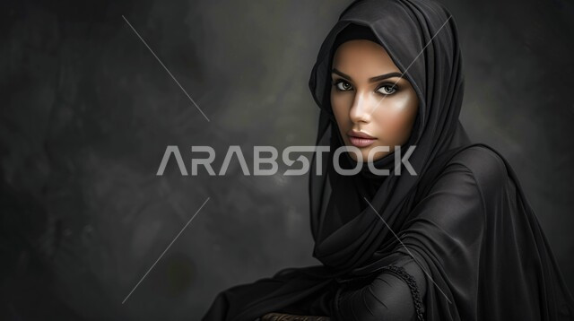 مفهوم الأنوثة والأناقة والشياكة والنعومة، جمال النساء السعوديات، الاهتمام بالمظهر الخارجي، أزياء محجبات عصرية حديثة، بورتريه مقرب لامرأة عربيه خليجيه سعودية محجبه ترتدي الحجاب والعباءة تنظر الى الكاميرا بإيماءات الثقه بالنفس، خلفية رمادية