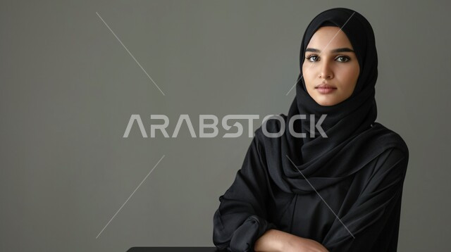 مفهوم الأنوثة والأناقة والشياكة والنعومة، جمال النساء السعوديات، الاهتمام بالمظهر الخارجي، أزياء محجبات عصرية حديثة، بورتريه مقرب لامرأة عربيه خليجيه سعودية محجبه ترتدي الحجاب والعباءة تنظر الى الكاميرا بإيماءات الثقه بالنفس، خلفية رمادية