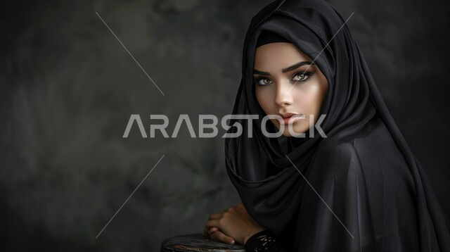 مفهوم الأنوثة والأناقة والشياكة والنعومة، جمال النساء السعوديات، الاهتمام بالمظهر الخارجي، أزياء محجبات عصرية حديثة، بورتريه مقرب لامرأة عربيه خليجيه سعودية محجبه ترتدي الحجاب والعباءة تنظر الى الكاميرا بإيماءات الثقه بالنفس، خلفية رمادية