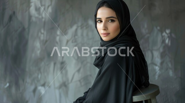 مفهوم الأنوثة والأناقة والشياكة والنعومة، جمال النساء السعوديات، الاهتمام بالمظهر الخارجي، أزياء محجبات عصرية حديثة، بورتريه مقرب لامرأة عربيه خليجيه سعودية محجبه ترتدي الحجاب والعباءة تنظر الى الكاميرا بإيماءات الثقه بالنفس، خلفية رمادية