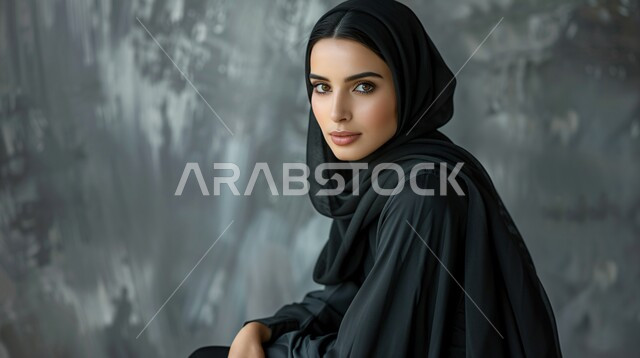مفهوم الأنوثة والأناقة والشياكة والنعومة، جمال النساء السعوديات، الاهتمام بالمظهر الخارجي، أزياء محجبات عصرية حديثة، بورتريه مقرب لامرأة عربيه خليجيه سعودية محجبه ترتدي الحجاب والعباءة تنظر الى الكاميرا بإيماءات الثقه بالنفس، خلفية رمادية