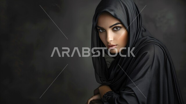 مفهوم الأنوثة والأناقة والشياكة والنعومة، جمال النساء السعوديات، الاهتمام بالمظهر الخارجي، أزياء محجبات عصرية حديثة، بورتريه مقرب لامرأة عربيه خليجيه سعودية محجبه ترتدي الحجاب والعباءة تنظر الى الكاميرا بإيماءات الثقه بالنفس، خلفية رمادية