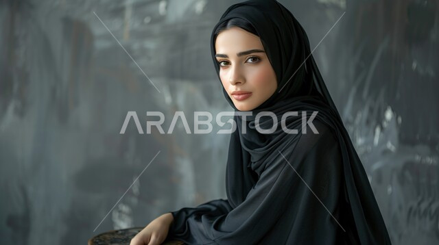 مفهوم الأنوثة والأناقة والشياكة والنعومة، جمال النساء السعوديات، الاهتمام بالمظهر الخارجي، أزياء محجبات عصرية حديثة، بورتريه مقرب لامرأة عربيه خليجيه سعودية محجبه ترتدي الحجاب والعباءة تنظر الى الكاميرا بإيماءات الثقه بالنفس، خلفية رمادية