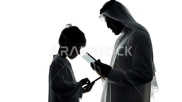 التسوق الالكتروني وتدوين الملاحظات، بورتريه  صورة ظلية لرجل عربي خليجي سعودي يعلم ابنه إستخدام جهاز التابلت، تطور التكنولوجيا واستخدام اجهزة تقنية حديثة ، خلفية بيضاء