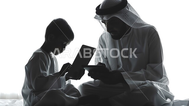 التسوق الالكتروني وتدوين الملاحظات، بورتريه  صورة ظلية لرجل عربي خليجي سعودي يعلم ابنه إستخدام جهاز التابلت، تطور التكنولوجيا واستخدام اجهزة تقنية حديثة ، خلفية بيضاء