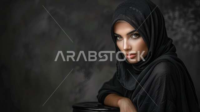الاهتمام بالمظهر الخارجي، مفهوم الأنوثة والأناقة والشياكة والنعومة، جمال النساء السعوديات، أزياء محجبات عصرية حديثة، بورتريه مقرب لامرأة عربيه خليجيه سعودية محجبه ترتدي الحجاب والعباءة تنظر الى الكاميرا بإيماءات الثقه بالنفس، خلفية رمادية