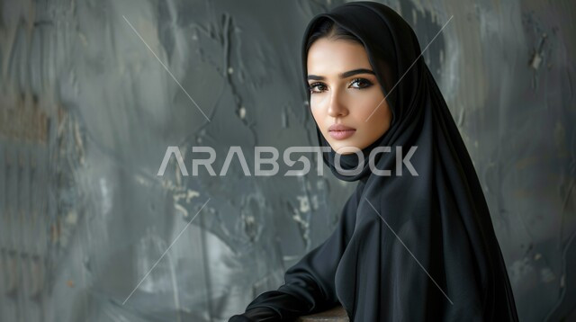 الاهتمام بالمظهر الخارجي، مفهوم الأنوثة والأناقة والشياكة والنعومة، جمال النساء السعوديات، أزياء محجبات عصرية حديثة، بورتريه مقرب لامرأة عربيه خليجيه سعودية محجبه ترتدي الحجاب والعباءة تنظر الى الكاميرا بإيماءات الثقه بالنفس، خلفية رمادية