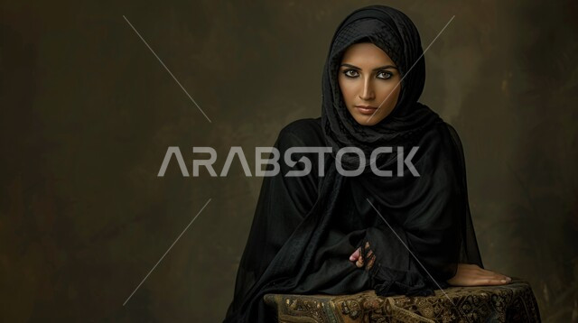 الاهتمام بالمظهر الخارجي، مفهوم الأنوثة والأناقة والشياكة والنعومة، جمال النساء السعوديات، أزياء محجبات عصرية حديثة، بورتريه مقرب لامرأة عربيه خليجيه سعودية محجبه ترتدي الحجاب والعباءة تنظر الى الكاميرا بإيماءات الثقه بالنفس، خلفية رمادية