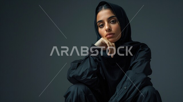 The concept of femininity and softness, contemplation, focus and planning for the future, the beauty and elegance of Saudi women, trying to find a solution to a problem, a close-up portrait of a veiled Saudi Arabian Gulf woman with her hand on her face looking at the camera with gestures of thinking, contemplation and absent-mindedness, gray background