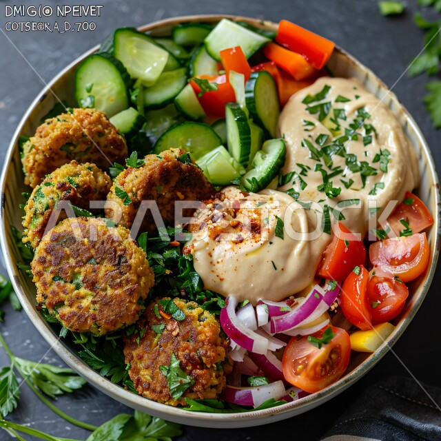 Oriental Arabic Food, A plate of crispy falafel discs with fresh vegetables, Delicious popular meals, Traditional Arabic restaurants in Saudi Arabia, Foods rich in grains and proteins