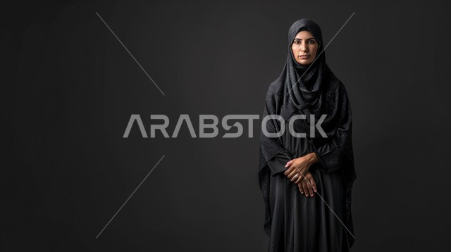  فن تصاميم العباءات العصرية الخليجية المميزة, بورتريه لعارضة أزياء عربية خليجية سعودية ترتدي العباءة والحجاب تعرض موديلات أزياء للمحجبات، مفهوم الشياكة والاهتمام بالموضة، أناقة النساء السعوديات، خلفية رمادية