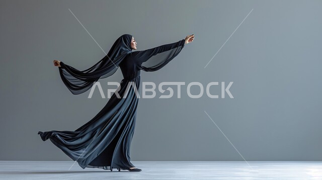  فن تصاميم العباءات العصرية الخليجية المميزة, بورتريه لعارضة أزياء عربية خليجية سعودية ترتدي العباءة والحجاب تعرض موديلات أزياء للمحجبات، مفهوم الشياكة والاهتمام بالموضة، أناقة النساء السعوديات، خلفية رمادية