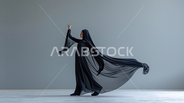  فن تصاميم العباءات العصرية الخليجية المميزة, بورتريه لعارضة أزياء عربية خليجية سعودية ترتدي العباءة والحجاب تعرض موديلات أزياء للمحجبات، مفهوم الشياكة والاهتمام بالموضة، أناقة النساء السعوديات، خلفية رمادية