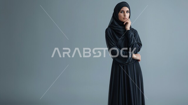  فن تصاميم العباءات العصرية الخليجية المميزة, بورتريه لعارضة أزياء عربية خليجية سعودية ترتدي العباءة والحجاب تعرض موديلات أزياء للمحجبات، مفهوم الشياكة والاهتمام بالموضة، أناقة النساء السعوديات، خلفية رمادية