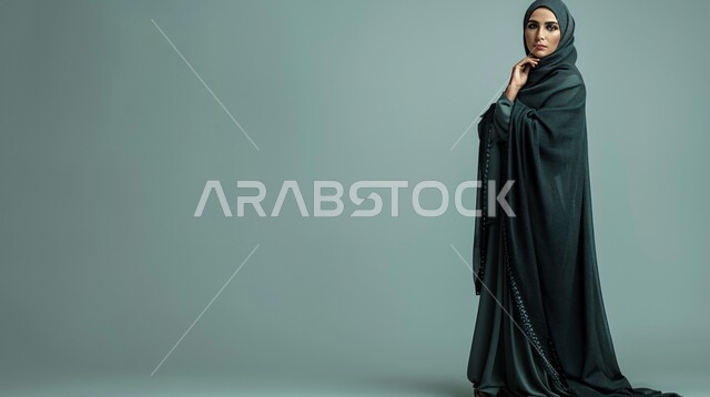  فن تصاميم العباءات العصرية الخليجية المميزة, بورتريه لعارضة أزياء عربية خليجية سعودية ترتدي العباءة والحجاب تعرض موديلات أزياء للمحجبات، مفهوم الشياكة والاهتمام بالموضة، أناقة النساء السعوديات، خلفية رمادية