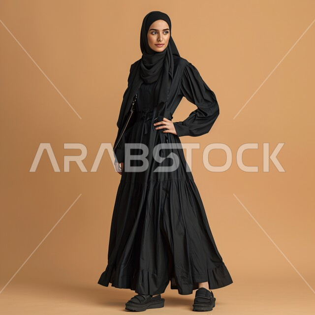 أناقة النساء السعوديات، فن تصاميم العباءات العصرية الخليجية المميزة, بورتريه لعارضة أزياء عربية خليجية سعودية ترتدي العباءة والحجاب تعرض موديلات أزياء للمحجبات، مفهوم الشياكة والاهتمام بالموضة، صورة الجسم بالطول الكامل، خلفية بيج