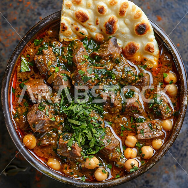 حساء الهريس السعودي مع الحمص ولحم البقر الغني بنكهات التوابل المزين بالبقدونس, طعام صحي ووجبات خفيفه, أكلات وأطباق شعبيه تقليدية، المأكولات والوجبات الشرقية مع الخبز المسطح، مطابخ ومطاعم المملكة العربية السعودية، المقبلات الساخنة الشهية