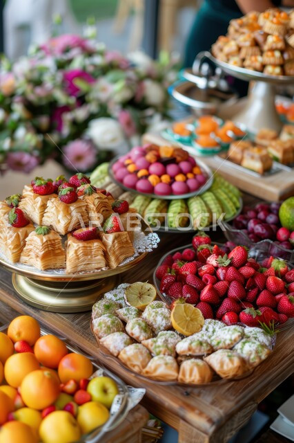 منتجات محلية وطنية من المملكة العربية السعودية, زينة بالأزهار الطبيعية، أجواء الاحتفال بالأعياد والمناسبات، الفواكه الطازجة اللذيذة, طاولة مليئة بأطباق الحلويات الشعبية التقليدية، كرم الضيافة وحسن الاستقبال في العيد