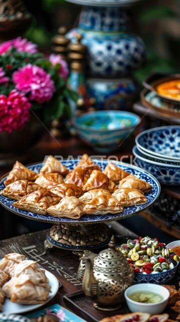 أجواء الاحتفال بالأعياد والمناسبات، زينة بالأزهار الطبيعية، منتجات محلية وطنية من المملكة العربية السعودية, صوره مقربه لطاولة مليئة بأطباق الحلويات الشعبية التقليدية، كرم الضيافة وحسن الاستقبال في العيد