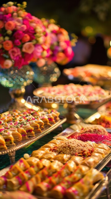 Worms of beauty and good welcome in Eid, festive atmosphere with holidays and occasions, decoration with natural appearance, local national products from the Kingdom of Saudi Arabia, pictured above Table full of traditional popular sweets