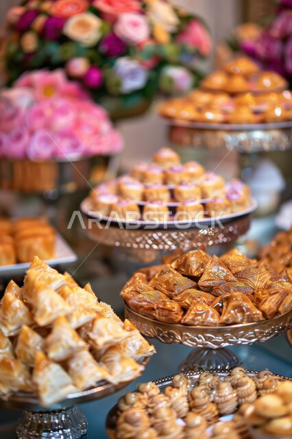 Celebrating holidays and occasions, natural flower decorations, local products from Saudi Arabia, close-up of a table full of traditional sweets, hospitality and warm welcome on Eid