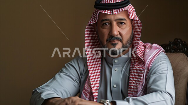 Concern for elegance and outward appearance, the concept of masculinity, strength and self-confidence, close-up portrait of a Saudi Arabian Gulf man wearing a traditional shemagh and thobe looking at the camera with gestures of seriousness and firmness, gray background