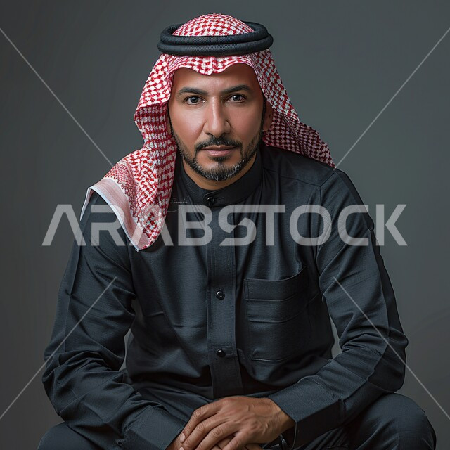 Concern for elegance and outward appearance, the concept of masculinity, strength and self-confidence, close-up portrait of a Saudi Arabian Gulf man wearing a traditional shemagh and thobe looking at the camera with gestures of seriousness and firmness, gray background
