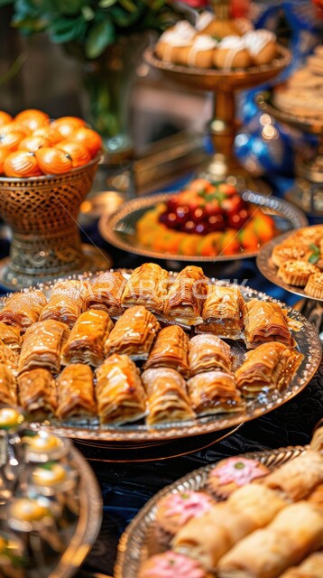 منتجات محلية وطنية من المملكة العربية السعودية, أجواء الاحتفال بالأعياد والمناسبات، طاولة مليئة بأطباق الحلويات الشعبية التقليدية، كرم الضيافة وحسن الاستقبال في العيد