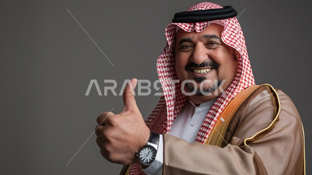 تعابير الإعجاب والرضا، مفهوم القبول والموافقه، بورتريه مقرب لرجل عربي خليجي سعودي مبتسم يرتدي البشت مع الثوب التقليدي والشماغ يرفع اصبع الابهام بإيماءات الامتياز والجودة، خلفية رمادية