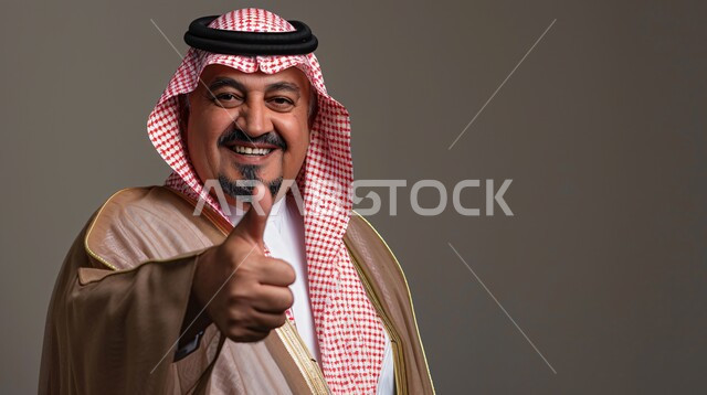 تعابير الإعجاب والرضا، مفهوم القبول والموافقه، بورتريه مقرب لرجل عربي خليجي سعودي مبتسم يرتدي البشت مع الثوب التقليدي والشماغ يرفع اصبع الابهام بإيماءات الامتياز والجودة، خلفية رمادية