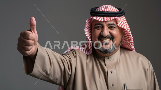 تعابير الإعجاب والرضا، مفهوم القبول والموافقه، بورتريه مقرب لرجل عربي خليجي سعودي مبتسم يرتدي الثوب التقليدي والشماغ يرفع اصبع الابهام بإيماءات الامتياز والجودة، خلفية رمادية