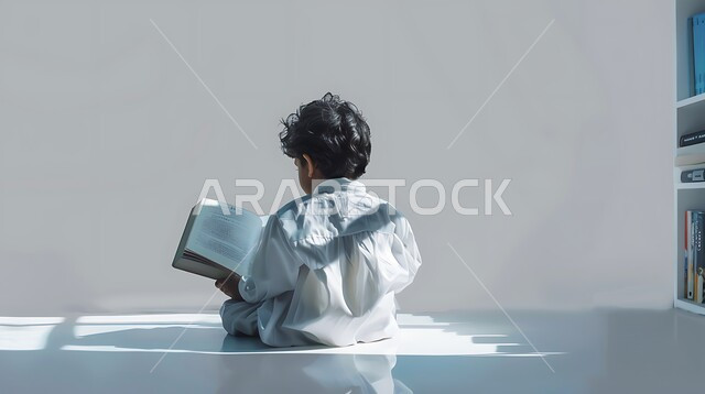 الإكثار من الذكر والإجتهاد في العباده، التوبة والرجوع الى الله تعالى، تلاوة وقراءة القرآن الكريم، بورتريه من الخلف لطفل عربي سعودي خليجي والثوب التقليدي يحمل بيده المصحف الشريف, الشعور بالخشوع والطمأنينه, 