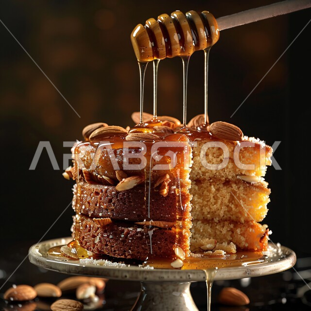 الحلى العربي التقليدي اللذيذ, فنون التقديم في مطاعم ومطابخ المملكة العربية السعودية، وصفات أطباق التحلية الشهية، الأكلات الغنية بالسكريات و السعرات الحرارية، الحلويات الشرقية المشهورة, صورة مقربة  لكعكة اللوز المحشي بالمكسرات والمرشوشة بالعسل