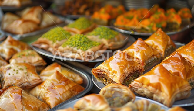 الفنون المميزة في اعداد و عرض المنتجات ,معجنات و حلويات من المطبخ السعودي, تقديم الحلا في المناسبات والأعياد الاسلامية ,وصفات طعام لذيذة ,الحلويات العربية التقليدية في إحدى المتاجر , المأكولات العربية الشعبية
