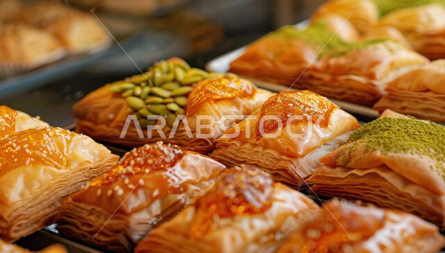 تقديم الحلا في المناسبات والأعياد الاسلامية ,معجنات و حلويات من المطبخ السعودي,وصفات طعام لذيذة ,الحلويات العربية التقليدية في إحدى المتاجر ,الفنون المميزة في اعداد و عرض المنتجات ,المأكولات العربية الشعبية