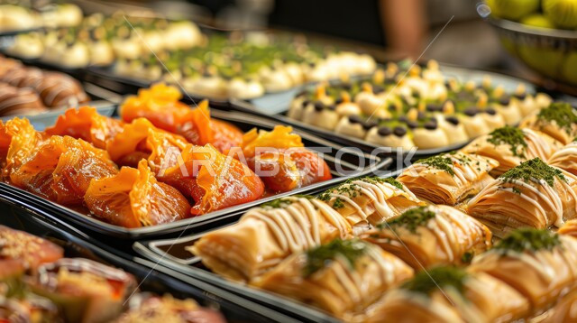 الفنون المميزة في اعداد و عرض المنتجات ,معجنات و حلويات من المطبخ السعودي, تقديم الحلا في المناسبات والأعياد الاسلامية ,وصفات طعام لذيذة ,الحلويات العربية التقليدية في إحدى المتاجر , المأكولات العربية الشعبية