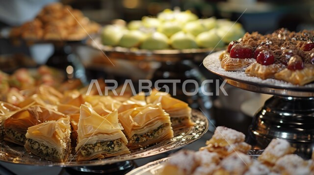 Offering sweets on Islamic occasions and holidays, pastries and sweets from Saudi cuisine, delicious food recipes, traditional Arabic sweets in a store, distinctive arts in preparing and displaying products, popular Arabic foods