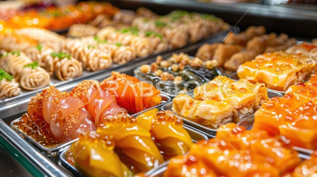 معجنات و حلويات من المطبخ السعودي, تقديم الحلا في المناسبات والأعياد الاسلامية ,وصفات طعام لذيذة ,تشكيلة من الأطباق اليابانية اللذيذة في إحدى المتاجر ,الفنون المميزة في اعداد و عرض المنتجات ,المأكولات العربية الشعبية