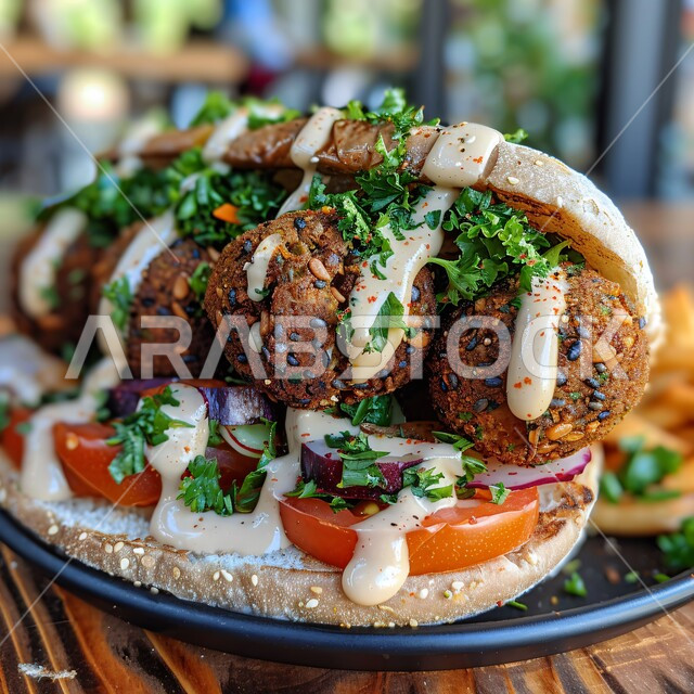 طبق افطار شهي، سندويش محشو بأقراص الفلافل المقلية مع الخضراوات الطازجة، المطاعم العربية التقليدية في المملكة العربية السعودية، مطاعم للمأكولات العربية الشرقية، وجبات الطعام الشهية