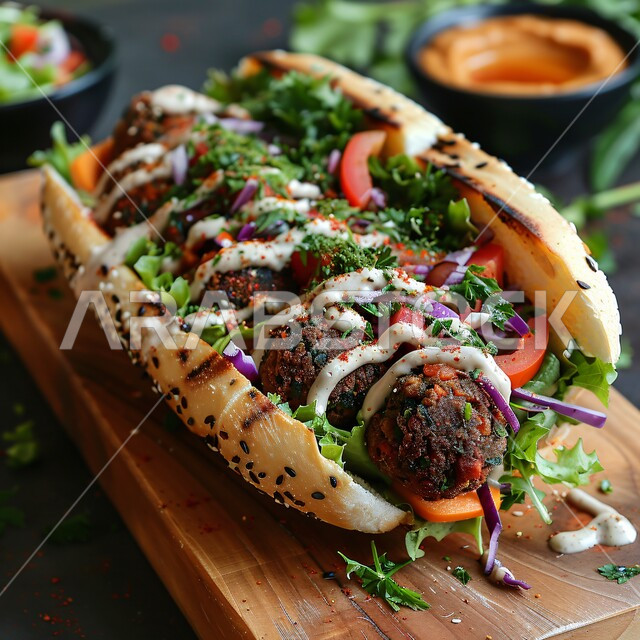 Delicious breakfast dish, sandwich stuffed with fried falafel discs with fresh vegetables, traditional Arabic restaurants in Saudi Arabia, restaurants for oriental Arabic cuisine, delicious meals