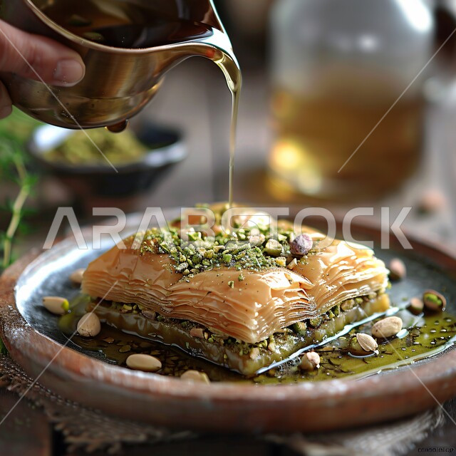 حلويات لذيذة سعودية بالفستق والمكسرات، ضيافة الأعياد والمناسبات في المملكة العربية السعودية، أكلات غنية بالسكريات والسعرات الحرارية، وصفات الأطعمة العربية الشرقية، قطع البقلاوة الشهية على الطريقة التقليدية المزينة بالفستق والمرشوشة بالعسل الشهي