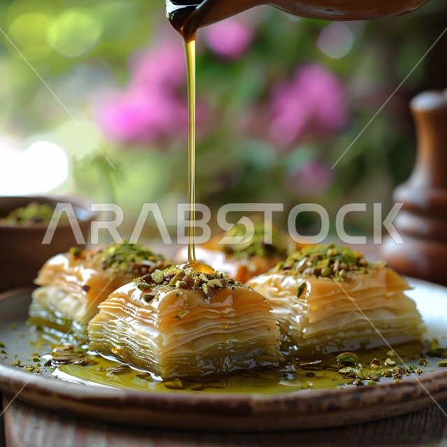 حلويات لذيذة سعودية بالفستق والمكسرات، ضيافة الأعياد والمناسبات في المملكة العربية السعودية، أكلات غنية بالسكريات والسعرات الحرارية، وصفات الأطعمة العربية الشرقية، قطع البقلاوة الشهية على الطريقة التقليدية المزينة بالفستق والمرشوشة بالعسل الشهي